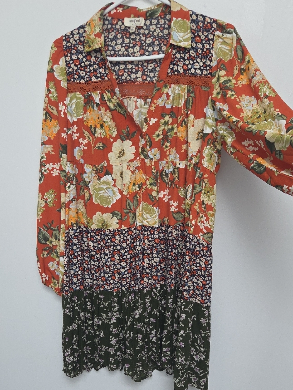 UMGEE Babydoll Teir Dress Rust Peasant Top Tunic Boho Floral Paisley Tiered Sz M - Picture 4 of 14